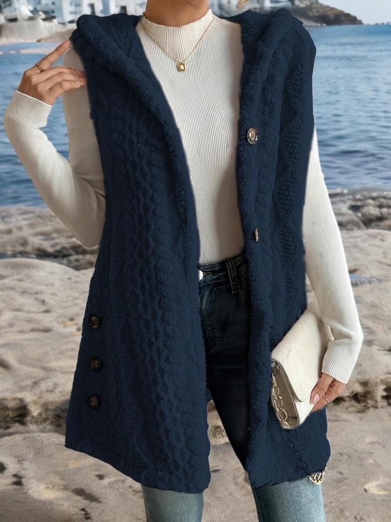 Popular Style Solid Color Plush Hooded Button Cardigan - Women's Autumn/Winter Casual Vest