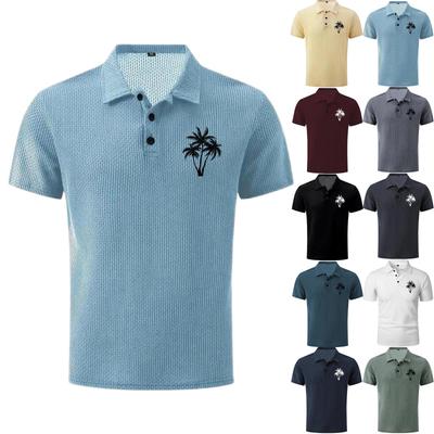 Men's Summer High-End Mesh Ice Silk Short Sleeve Polo Shirt Breathable Lightweight Casual Top with Palm Tree Embroidery