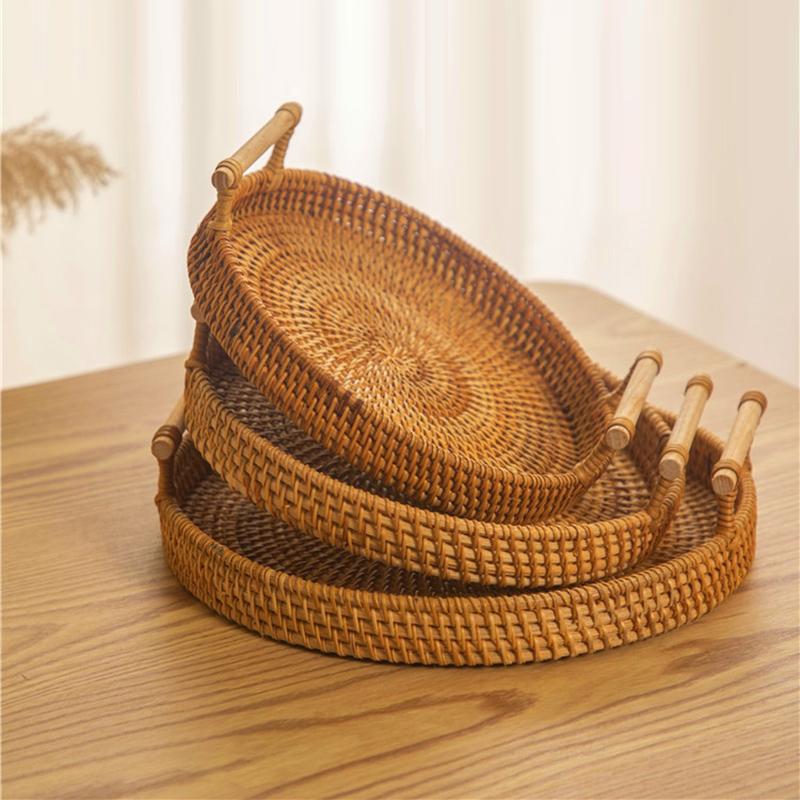 1Pc Woven Rattan Storage Basket With Strap Handle Round Tray For Bread Snacks Fruits Picnic - Home Organization Basket
