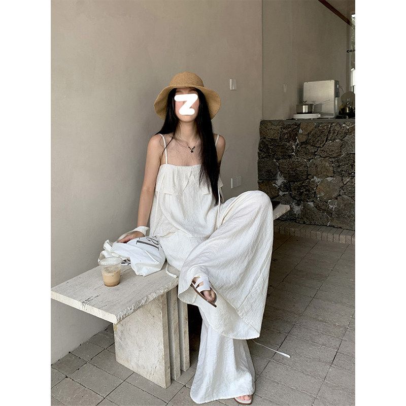 

Korean Style White Ruffles Spaghetti-Strap Camisole Top Women s Summer New Arrival Casual Loose-Fitting Wide-Leg Trousers Two-piece Set Two-Piece Set (Pre-Sale) S