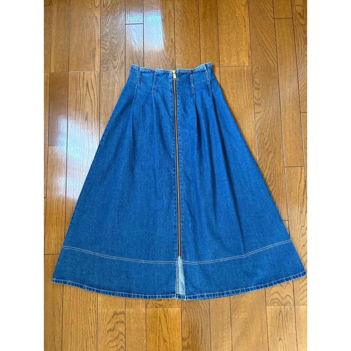 earth music&ecology denim long skirt flare skirt front zip up medium indigo blue