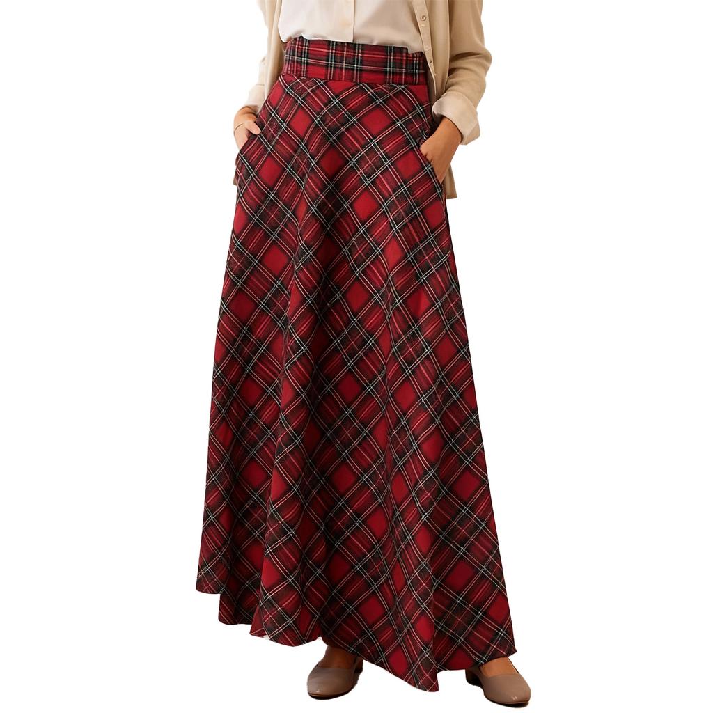 Damen Retro Karomuster Maxi-Rock, Hoher Bund, Modischer Lässiger A-Linien Faltenrock Karomuster Bodenlang