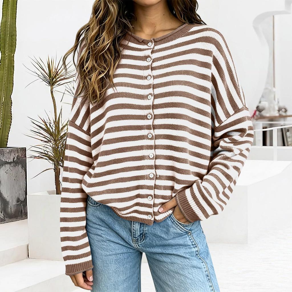 Women's Casual Striped Knit Cardigan Button Front Soft Long Sleeve Sweater for Fall Winter Work