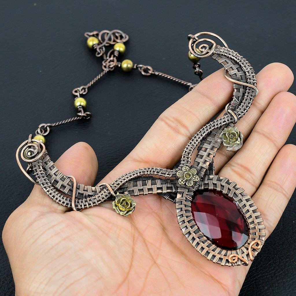 Faceted Red Garnet Necklace Handmade Jewelry, 999 Copper Wire Wrapped Necklace Designer Gemstone Jewelry Adjustable Chain Necklace Gift For Mom