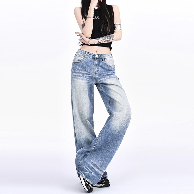 Women's 2024 Retro Low-Rise Wide-Leg Creased Distressed Jeans
