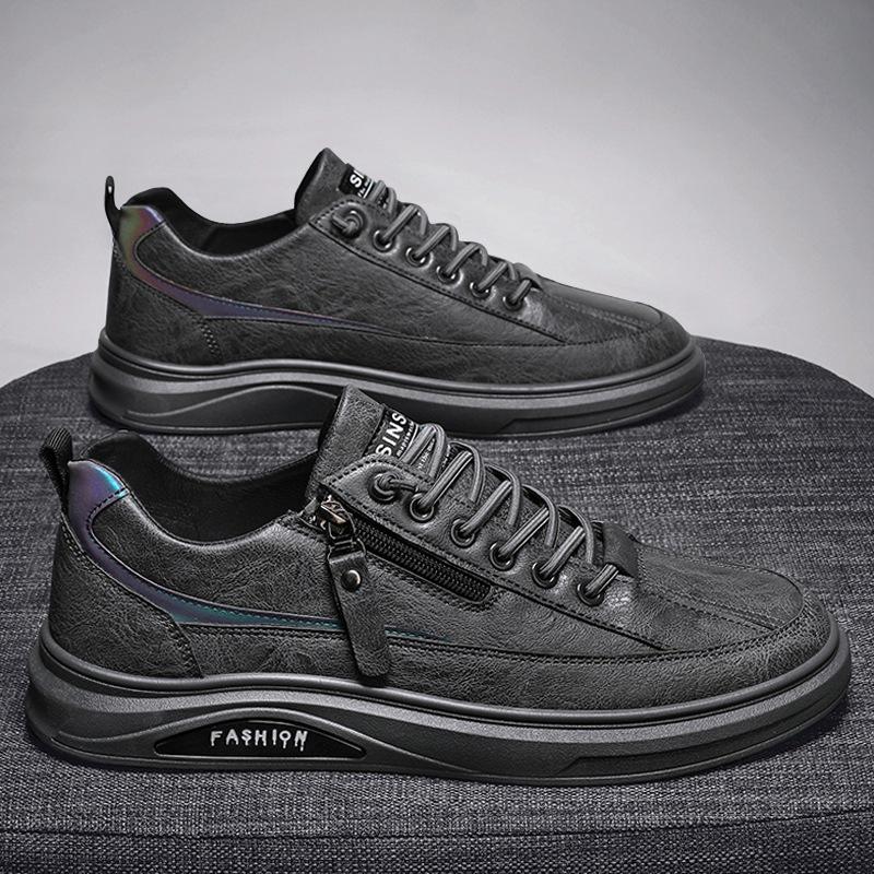 2024 Leather Casual Men Shoes Zipper Platform Fashion Designer Luxury Four Seasons Retro Low Top Outdoor Walking Male Sneakers