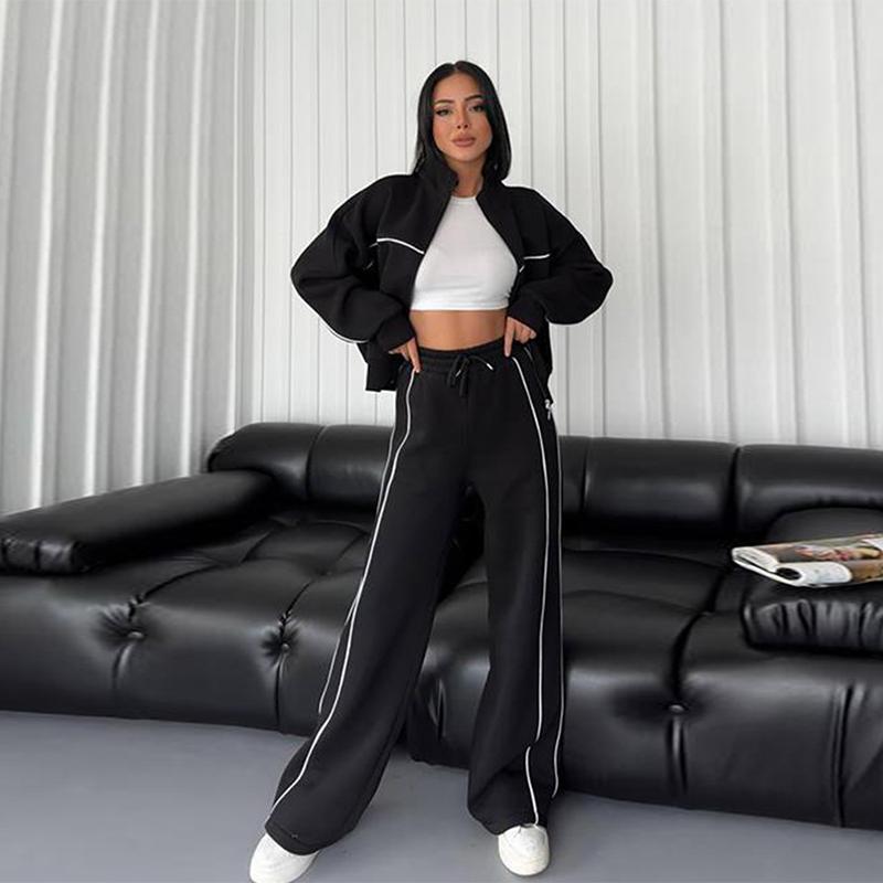 New Casual Set Women Longsleeved Half High Collar Cardigan Sweater Lace Up Striped Pants Women Clothing Fashion Two Piece Suits