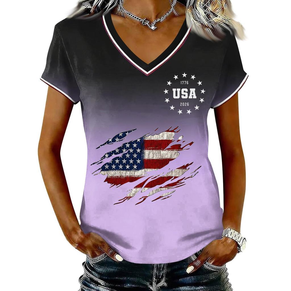 T-shirt Pull Col V Manches Courtes Décontracté pour Femme Imprimé Patriotique Dégradé Haut Jour de l'Indépendance T-shirt Graphique Drapeau USA