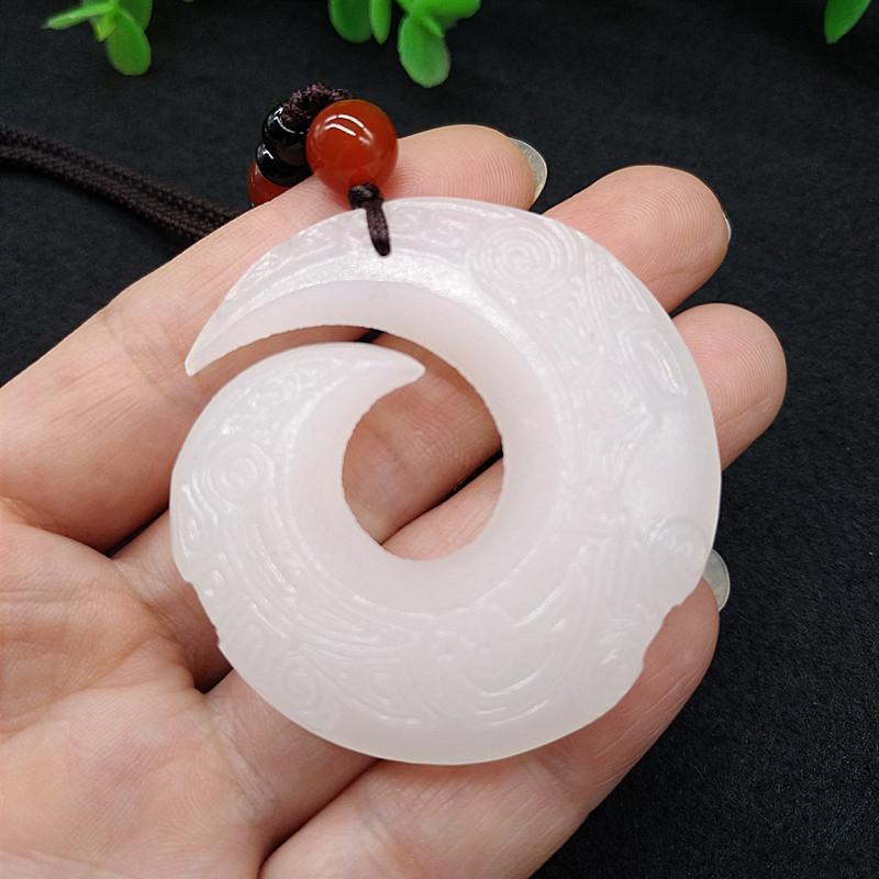 Antique Afghan White Jade Universe Good Luck Pendant with Recurrent Pattern Sweater Chain