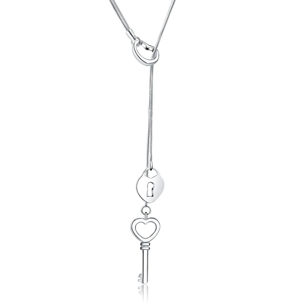 925 Sterling Silver Elegant Heart Lock Key Necklace For Women Luxury Jewelry