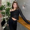 Women's Asymmetric Off-Shoulder Sheer Textured Long Sleeve Crop Top