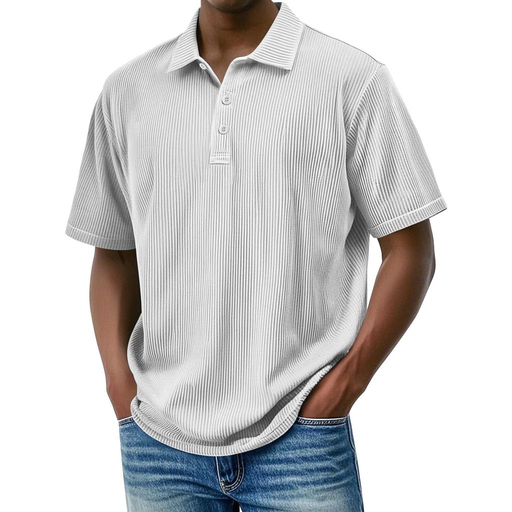 Pánské letní jednobarevné pruhované texturované volné tričko s krátkým rukávem a knoflíkovým límečkem