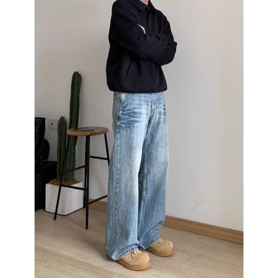 High Street Jeanshose für Männer, Retro Distressed, Lockere Hose mit geradem Bein, Sporthose mit weitem Bein, trendy