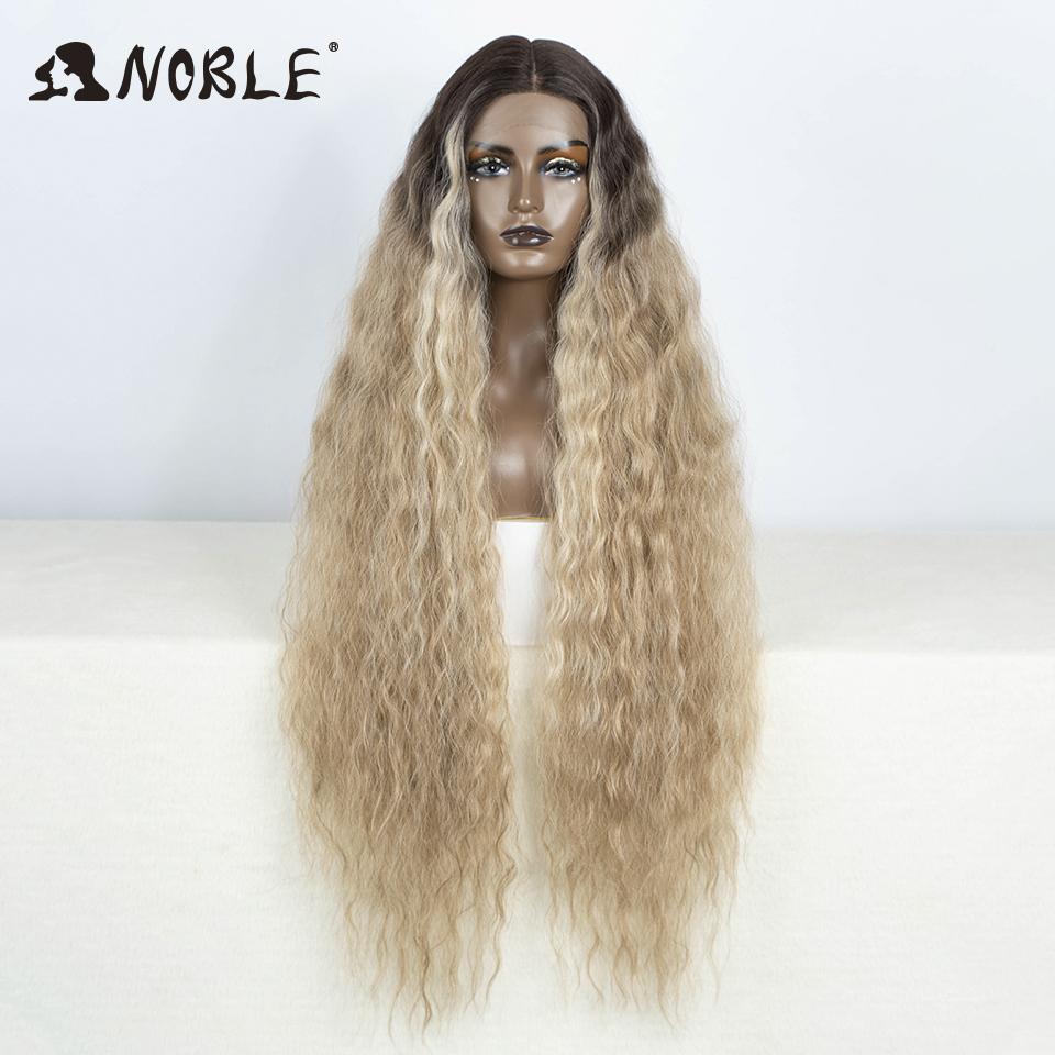 Noble 42 Inch Extra Long Water Wave Synthetic Lace Front Wig Ombre Brown Highlight Glueless Heat Resistant Curly Wig For Women