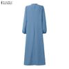 ZANZEA Women Muslim Casual Round Neck Solid Color Long Sleeve Loose Long Dress