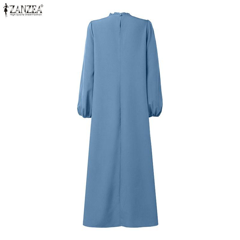 ZANZEA Women Muslim Casual Round Neck Solid Color Long Sleeve Loose Long Dress