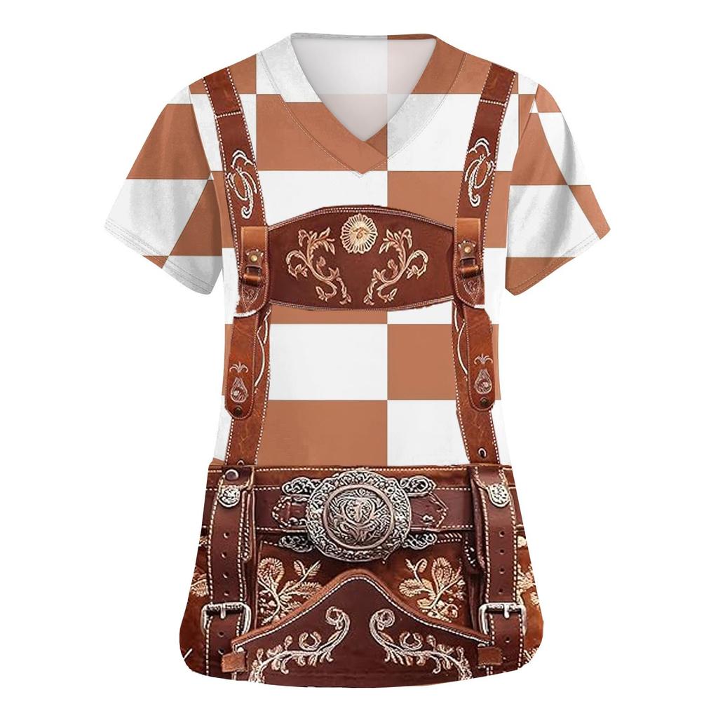 Women's V Neck Short Sleeve Work Shirt with Pockets Oktoberfest Print Top Nursing Uniform Comfortable Fit Durable Material
