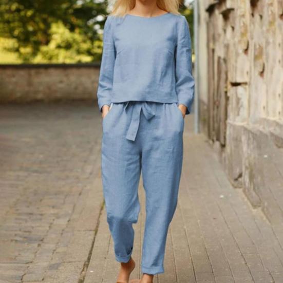 1 Set Women Outfit Solid Color Lace-up Spring Autumn Long Sleeve Round