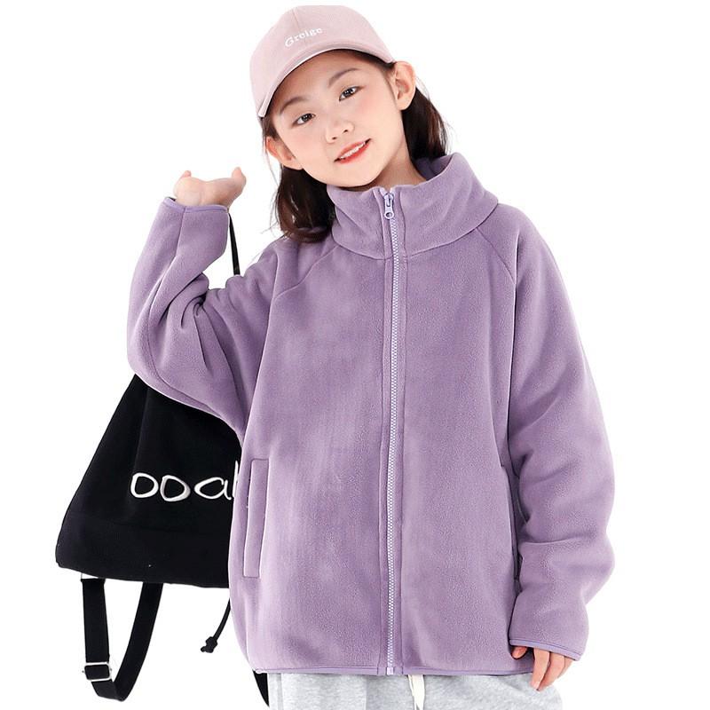 Kids Solid Color Fleece Jacket Boys Girls Stand Collar Zip Up Warm Coat Winter Outdoor