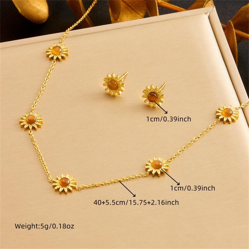 Fashionable Tiger Eye Sunflower Jewelry Set with Chain Necklace Earrings Bracelet