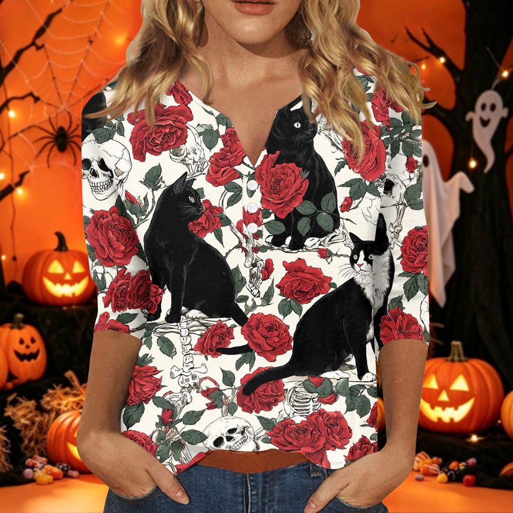 Women's Halloween Print V-Neck Short Sleeve T-Shirt with Decorative Buttons for Casual Fall Outfits