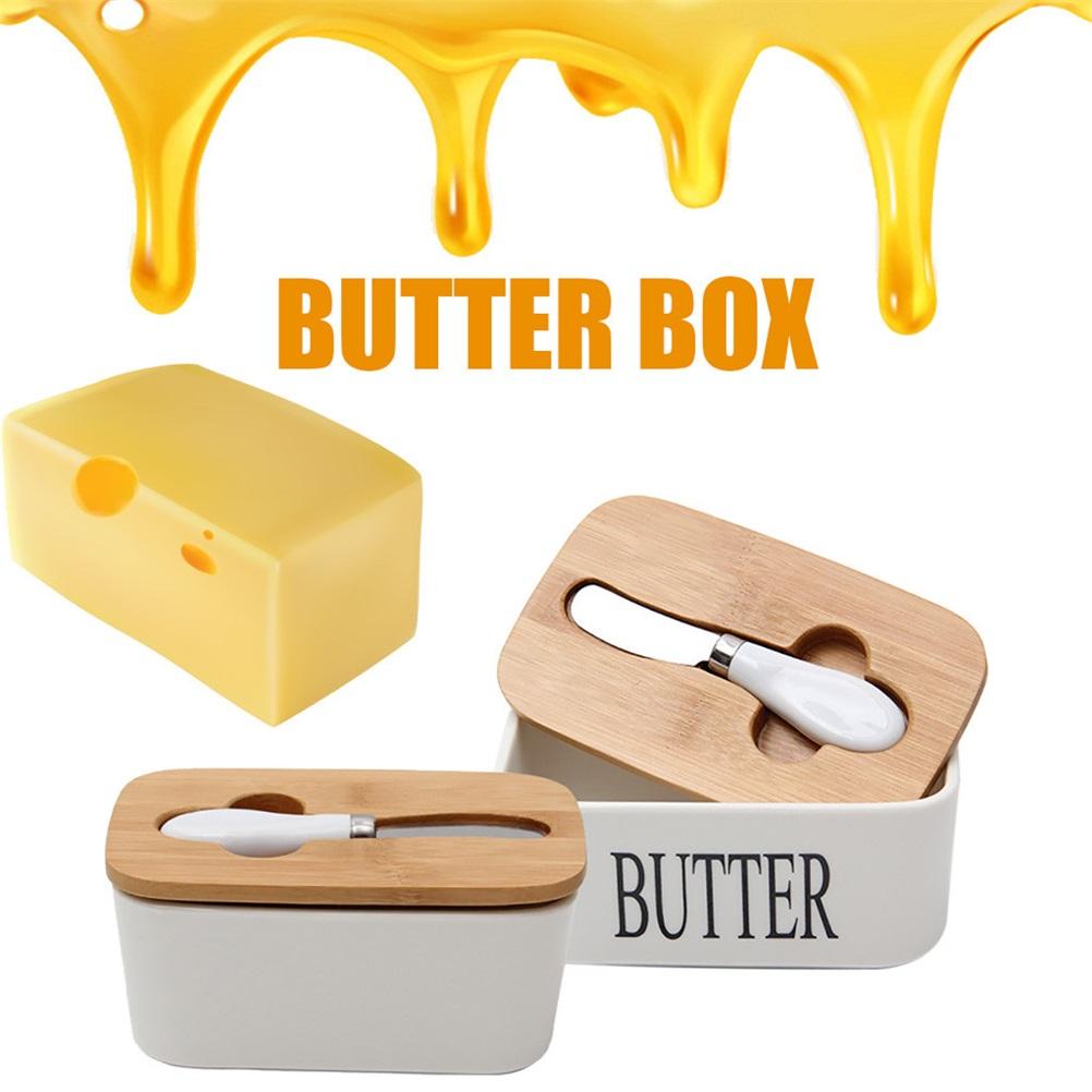 Butter Sealing Box Ceramic Butter Plate Wooden Lid and Cutter Cheese Storage Tray Butter Dish Container Box