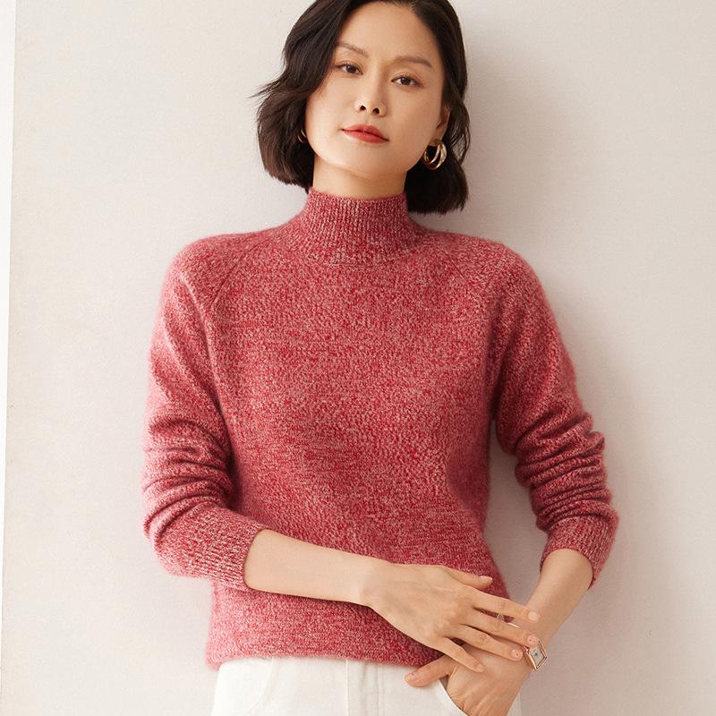 Women's Cashmere Half-High Neck Raglan Sweater - Autumn/Winter Style, 7-Gauge Fancy Yarn, Loose Knit Pullover.