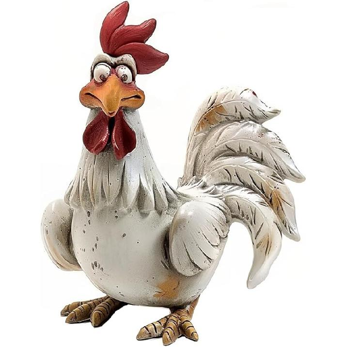 Bicuzat Funny White Rooster Statue, Resin Table Art Sculpture Funny Rooster Figurine Decoration, Rustic Country Tabletop Decoration, Farm Animal