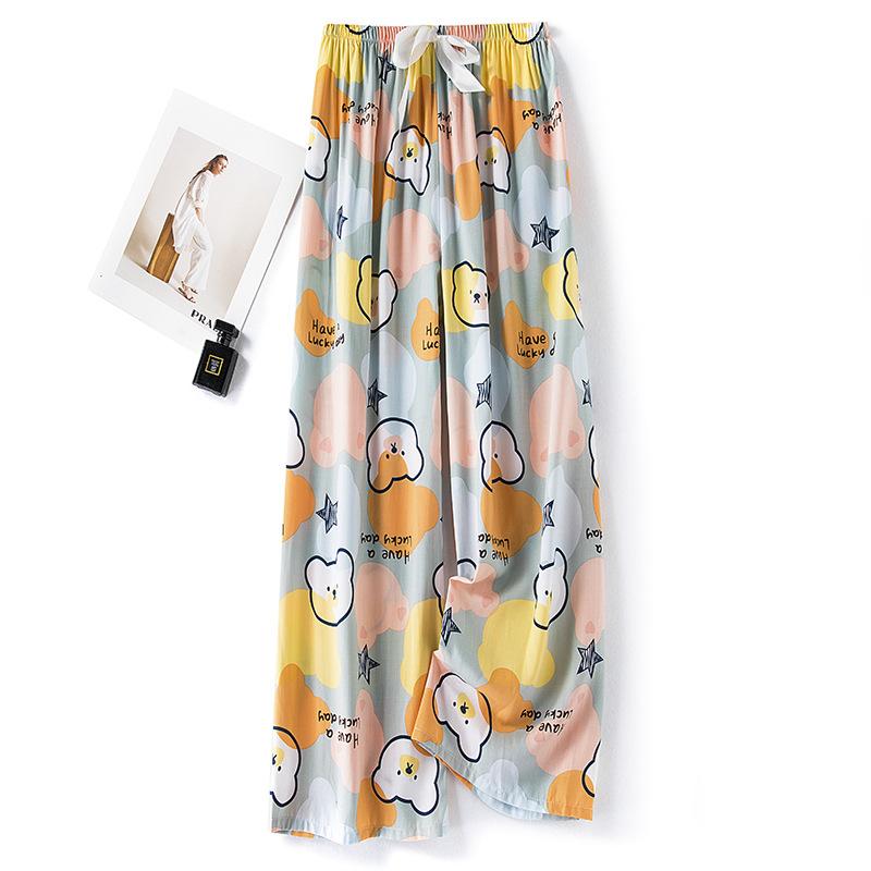 Pantaloni de pijama din bumbac mătase pentru femei, secțiune subțire de vară, anti-țânțari, pantaloni cu picior lat, culoare uni, pentru exterior, casă, petrecere a timpului liber, imprimeu, pantaloni de plajă până la genunchi