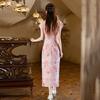 Long Chinese-style Qipao Dress Women Vintage Retro Short Sleeve With Stand Collar Side Slit Swiss Net Fabric