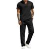 Men's Plaid Color-Block Casual Suit with Short Sleeve V-neck T-shirt and Long Pants