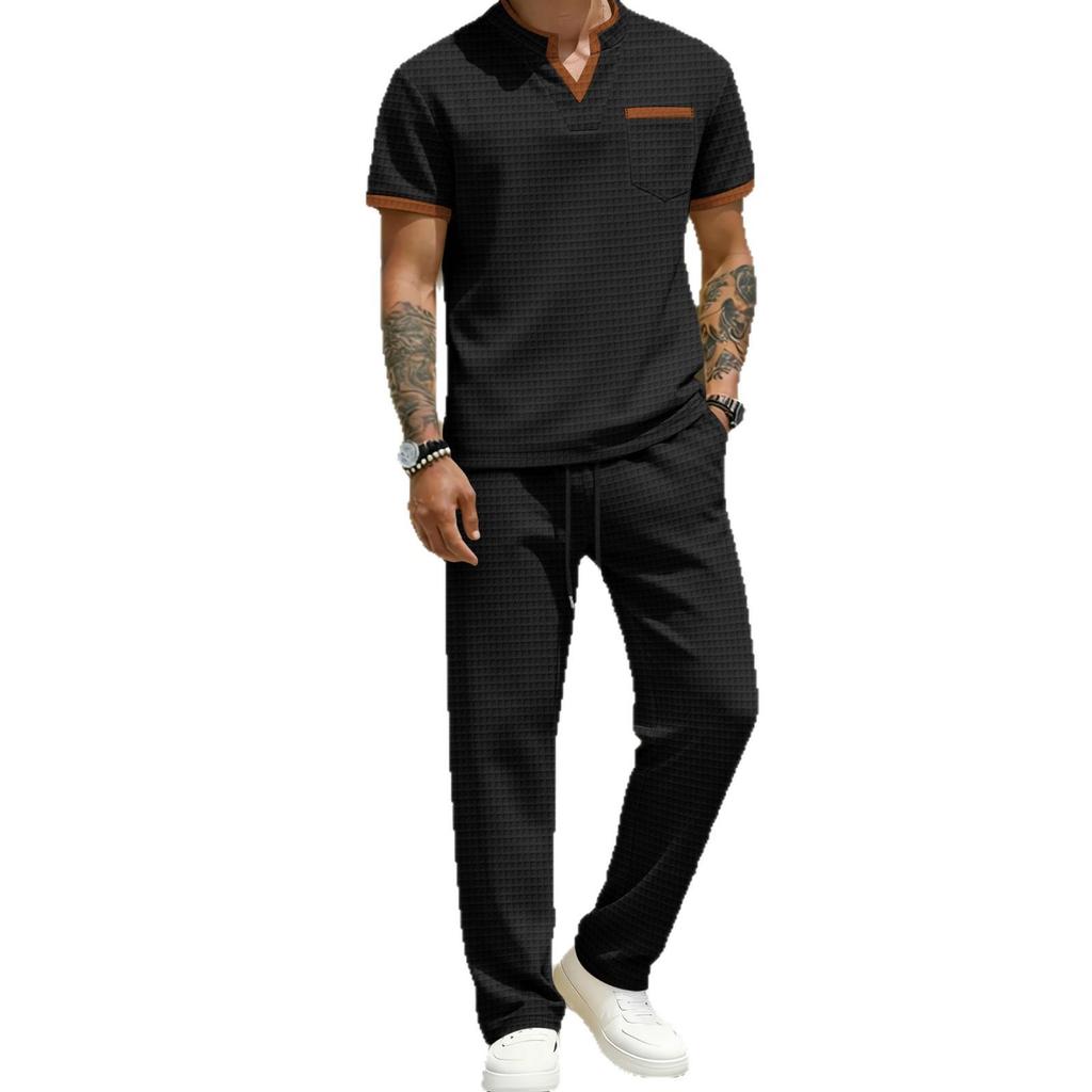 Men's Plaid Color-Block Casual Suit with Short Sleeve V-neck T-shirt and Long Pants