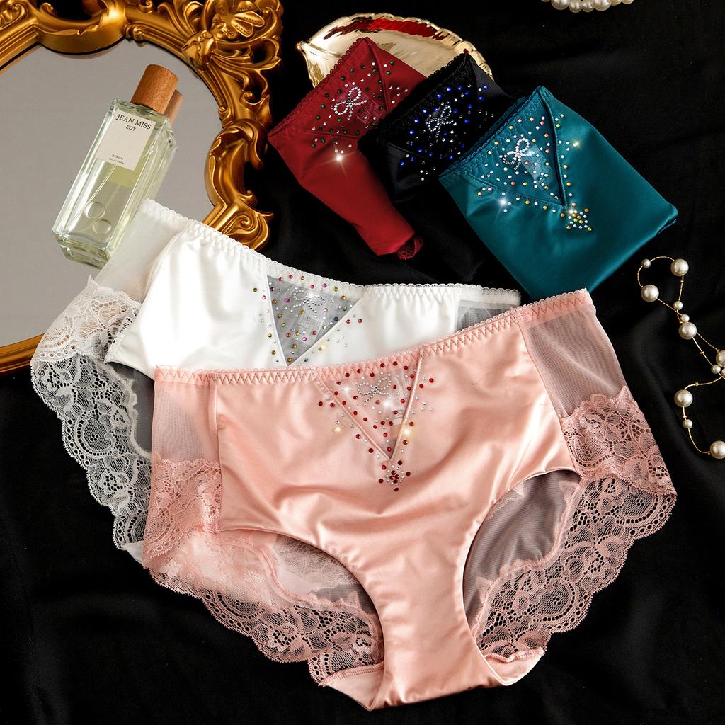 Mit Diamanten verzierte Mid-Waist-Spitzen-Slips Sexy und atmungsaktive Damen-Triangel-Slips