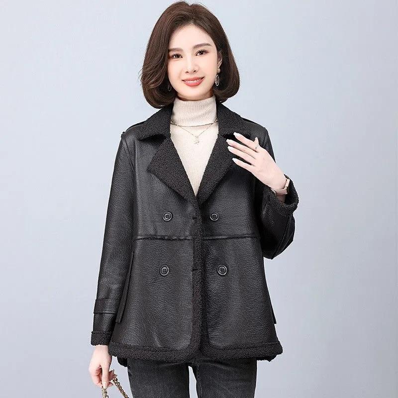 

Кожаная женская плюс бархат Осень и зима Мех Один Хайнинг Плюс бархат Утолщенная Двусторонняя Свободная Кожаная Куртка Куртка в западном стиле M чёрный