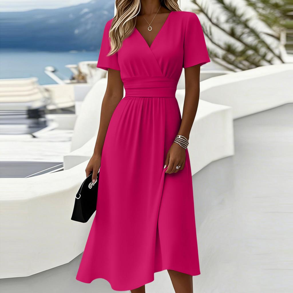 Dámské barevné ležérní módní šaty s krátkým rukávem a výstřihem do V