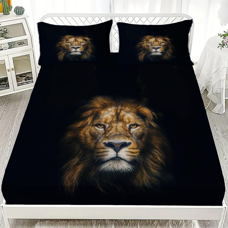 3pcs Fitted Sheet Set Animal Wolf Eagle Lion Dog Print 100% Polyester Breathable Bedding Set for Home Decor with 2 Pillowcases