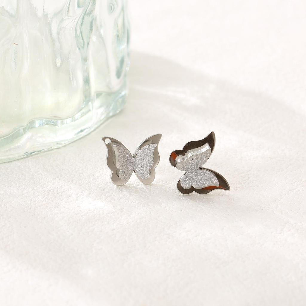 304L Stainless Steel Frosted Double Layer Butterfly Stud Earrings for Women