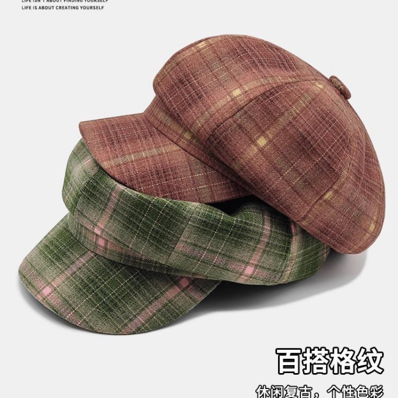 Retro Octagonal Hat Female Spring and Autumn Show Face Small Plaid Painter Beret Niche Design Bud Hat