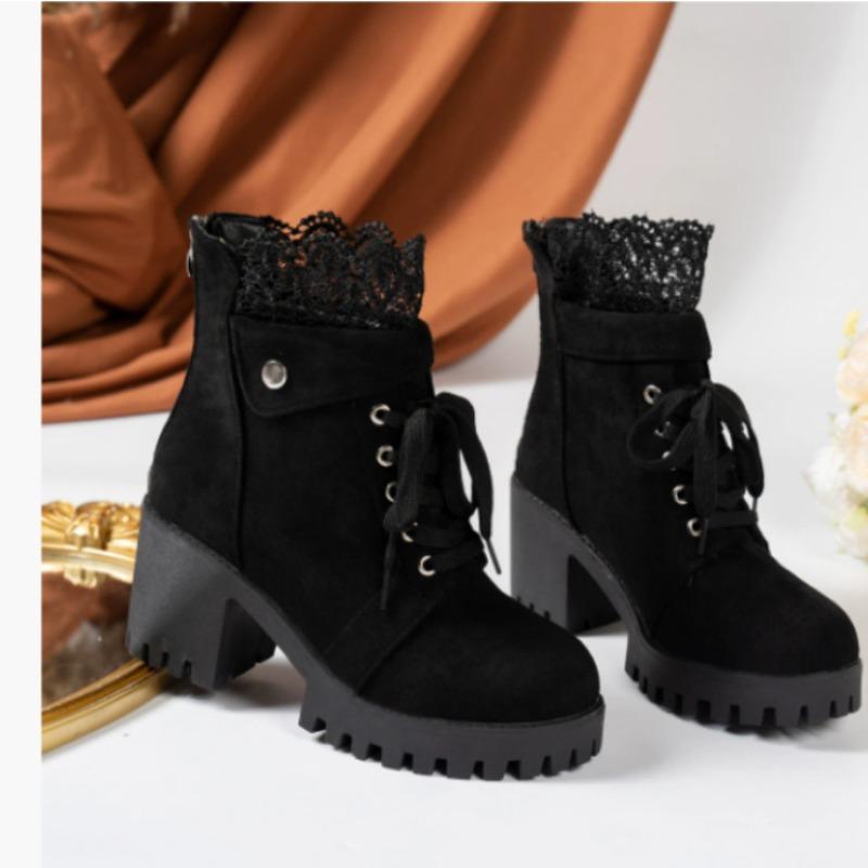 

Plus-size Shoes, High-heeled, Chunk-heeled Fashion Boots, Women s Round-toe Lace-up, Back-zipped Ankle Boots 36