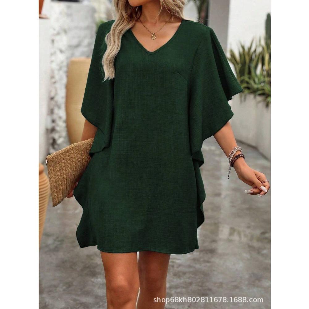 BITCED Fashion Summer Spring Solid Color Print Short Sleeve V-Neck Casual Dresses