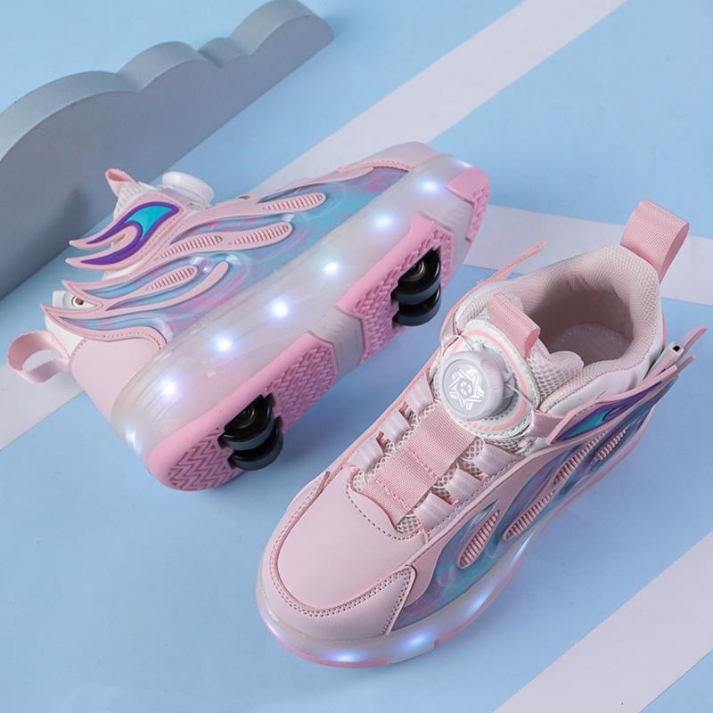 LED Lights Kids Roller Skate Shoes Parkour Sneakers Running With 4 Wheels Detachable Invisible Roller Skates Rotation Button