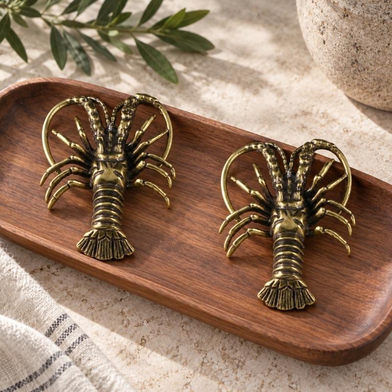 Lobster-Shaped Brasses Figurine with Antique Brasses Tone for Home, Office, Cabinet, Entryway Table, and Shop Counter Display