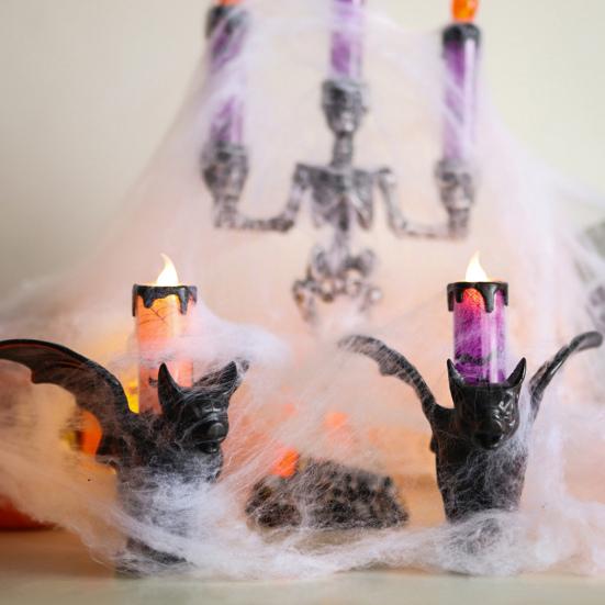 Halloween LED Bat Candle Lamp Flameless Flickering Tabletop Candle Lamp Horror Black Bat Statue Candlestick for Indoor Home Decor