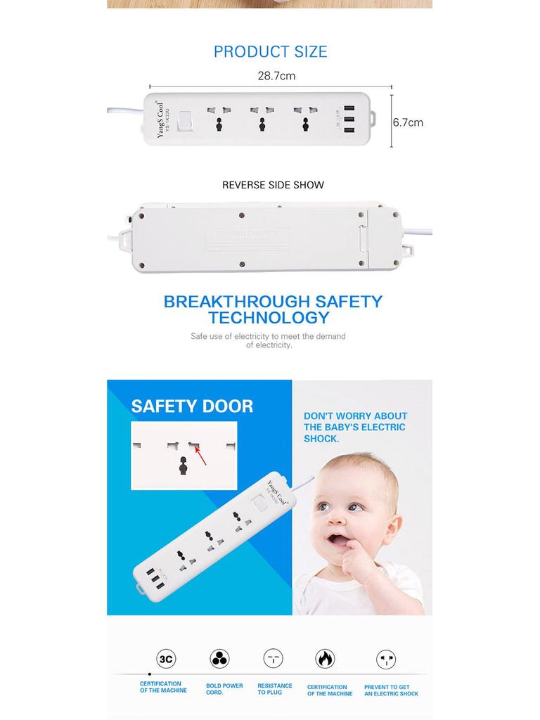 European to American/German Power Strip with USB & British Standard 3m Cord