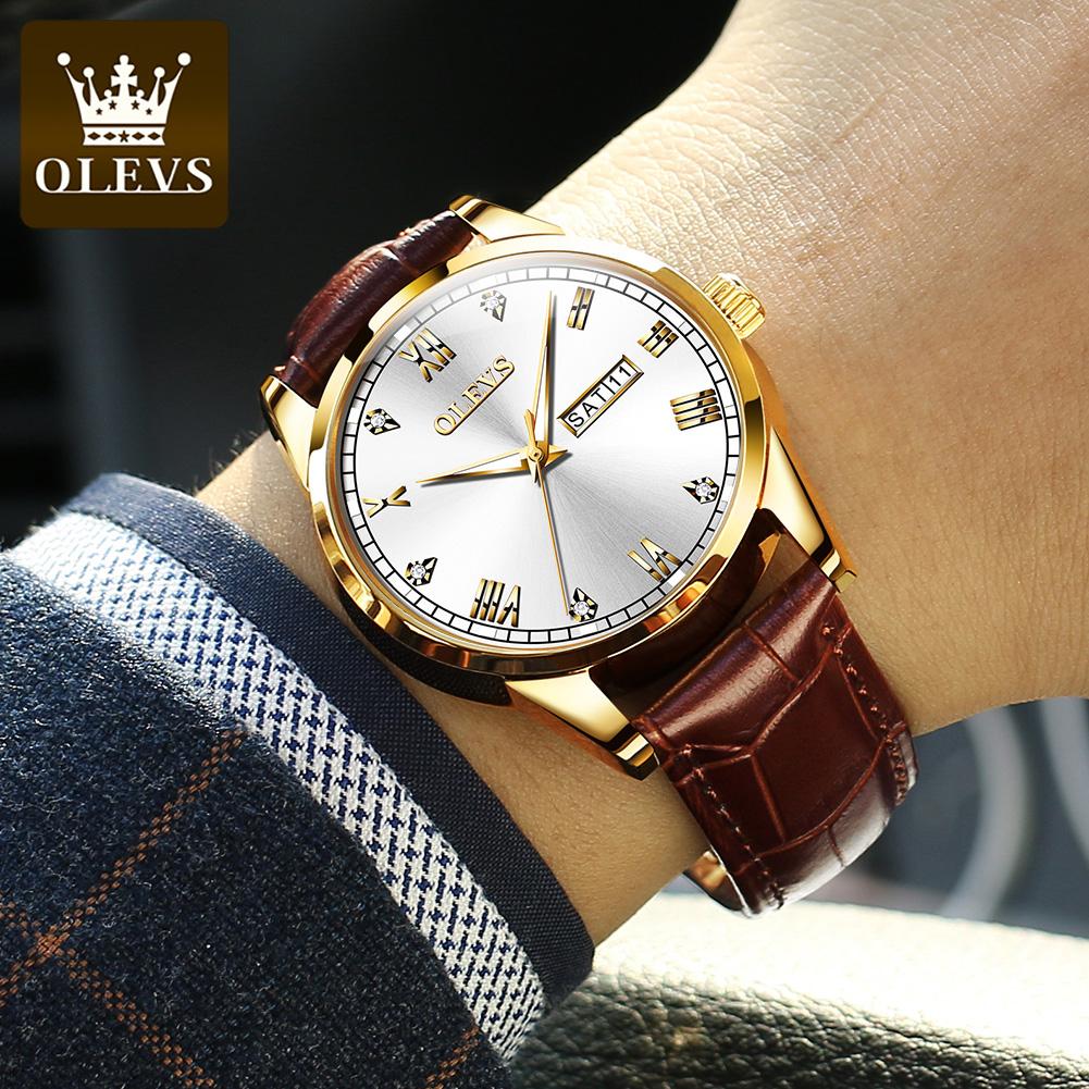 OLEVS 6896 Men Quartz Movement Watch Fashion Diamond Roman Index Leather Strap HD Luminous Function Waterproof Calendar Watch