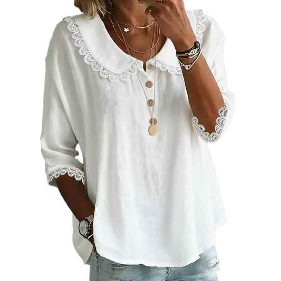 

Women Shirt Loose Fit Three-Quarter Sleeve Blouse with Lace Neckline Cuffs Button Placket Summer Spring Casual S белый