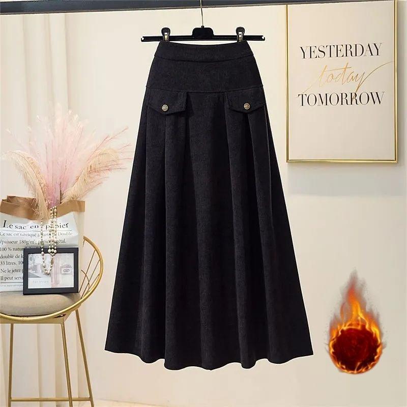 Fustă de damă cu căptușeală din lână, mărimi mari, toamnă/iarnă, talie elastică, croială A-line, fustă lungă din velur, talie înaltă, fustă flausată