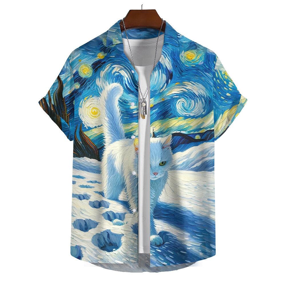 

Літня чоловіча сорочка з короткими рукавами з принтом, олійним малюнком, зоряне небо, мультфільм, кіт, вуличний принт, щоденні повсякденні великі топи РОЗМІР S-5XL 5XL