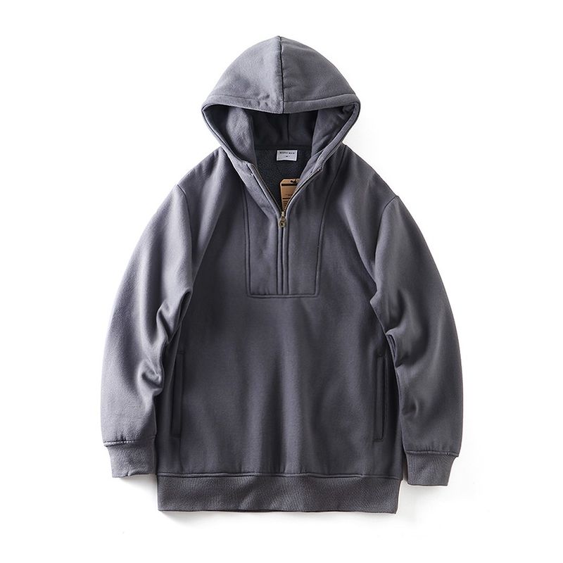 American vintage Heavy Half Zipper Hoodie Men's Autumn and Winter Fleece-lined Thickened Foreign Trade Cattle Goods Pullover Outerwear