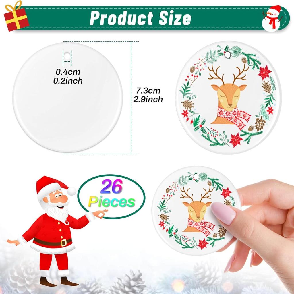 26 Pieces Ceramic Sublimation Ornaments Blanks, 2.87 Inches Ceramic Ornaments for Sublimation Christmas Ornaments Blanks Discs Ceramic Ornaments to